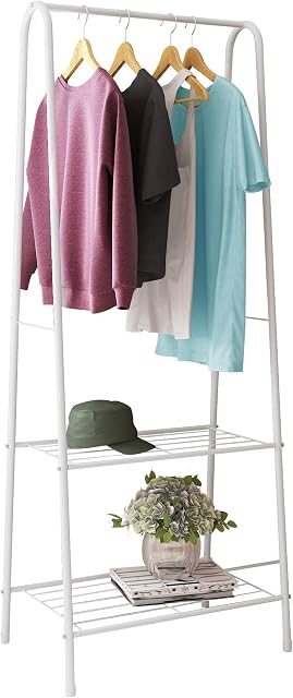 HOME BI Metal Garment Rack,Clothing Rack with Shelves,Laundry Shelf,Closet Storage Orgarnizer,Entryway Shelving Unit with 2-Tier Metal Shelf and Hanging Rod,24" W x13.2 D x63 H (White)