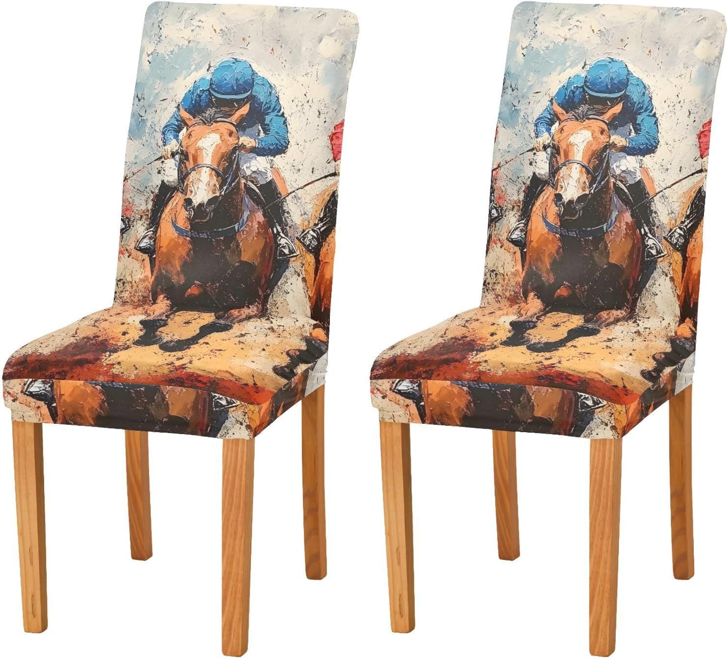 Horse Racing Scene Chair Covers Set of 4, Removable Washable Seat Cover Stretch Dining Chair Slipcovers for Kitchen, Dining Room, Hotel, Banquet Decor