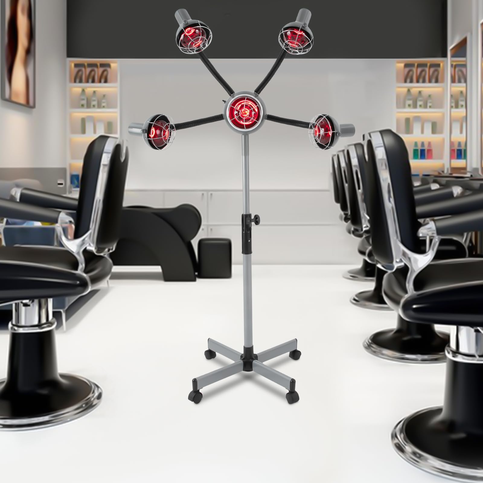 750W Salon Friseur Trockenhaube – 5 Infrarot-Heizlampen für Friseursalon, Temperaturregelung 40-80°C, höhenverstellbarer Ständer 112-136cm, schwimmende Trockenhaube mit Überwurf-Mantel – Mobile Häng