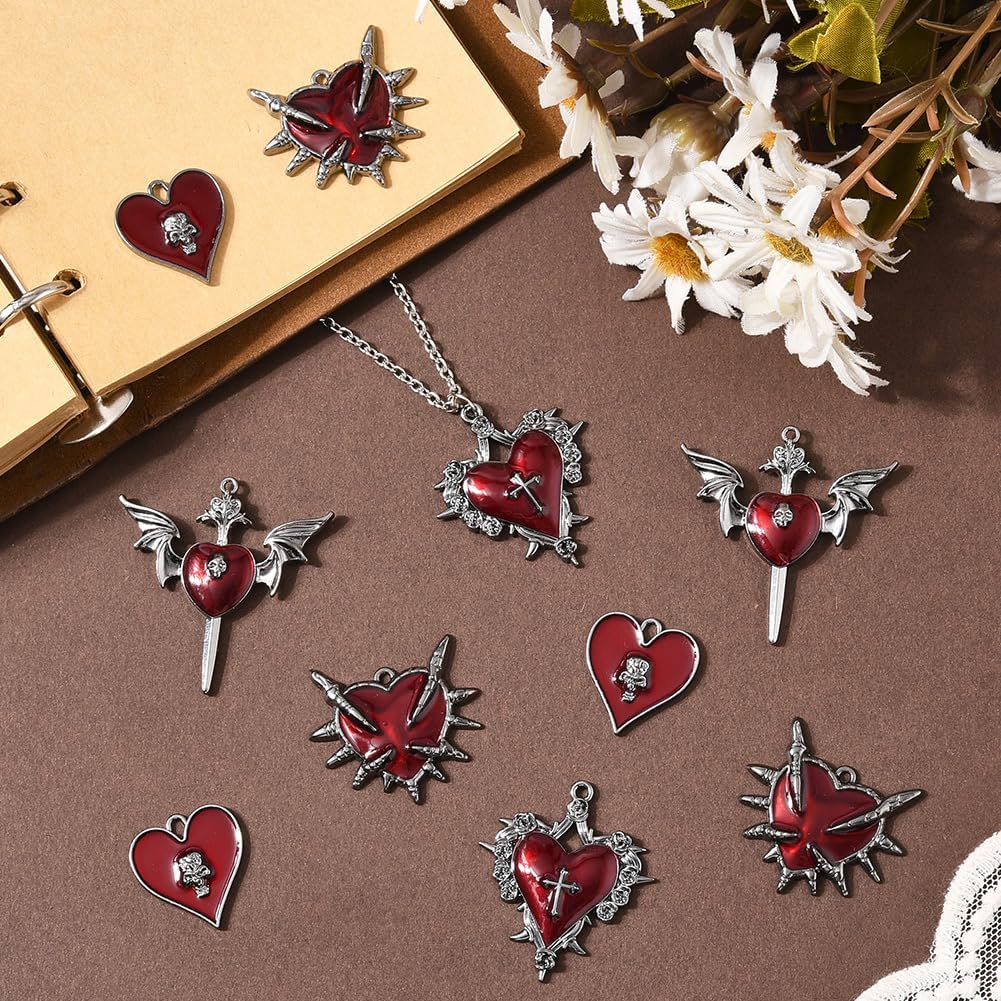 SUNNYCLUE 1 Box 24Pcs 4 Styles Gothic Heart Charms Sacred Heart Charms Bulk Metal Enamel Dark Red Love Wings Cross Skeleton Dangle Pendants for Jewelry Making DIY Necklace Earrings