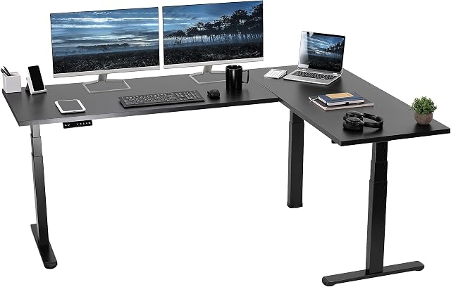 VIVO Black 78 x 55 in Corner Standing Desk, DESK-KIT-3E5SB | Electric, Triple Motor, Holds 300 lbs, Sit Stand, Height Adjustable Square Edge L-Shaped Table, 3E-S Series, Black Frame