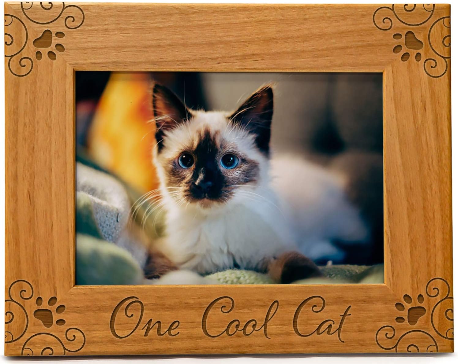 CEDAR CRATE MARKET One Cool Cat Pet Picture Frame Engraved Natural Wood, Fits a 4x6 Horizontal Portrait, Cat Picture Frame, Cat Mom Gifts