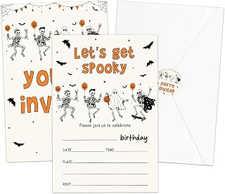 Let's Get Spooky Halloween Birthday Invitations with Envelopes & Stickers | (20 Pcs) Spooky Dancing Skeleton Birthday Party Invitations for Boys Girls, Halloween Party Supplies -01