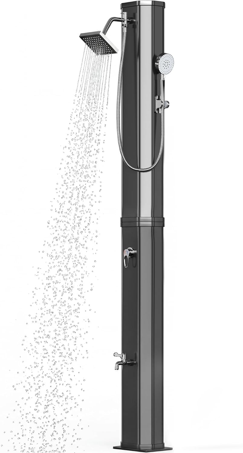 16Gallon Solar Heated Outdoor Shower, Freestanding Poolside Shower with 360° Rainfall & Handheld Sprayer & Foot Wash, Thickened PVC for Crack-Resistant, Hot/Cold Adjustment for Garden, Beach, Pet