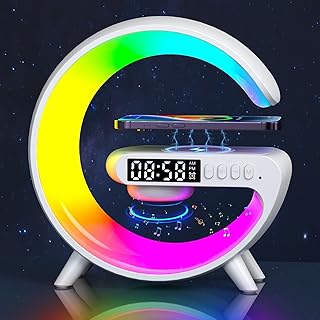 Mini Wireless Speaker with Bluetooth Lamp, Atmosphere Lamp, Wireless Charging, Alarm Clock,Smart LED Table Lamp, Night Light, Birthday Gifts for Girls Boys Party Aged 4-12 (White)