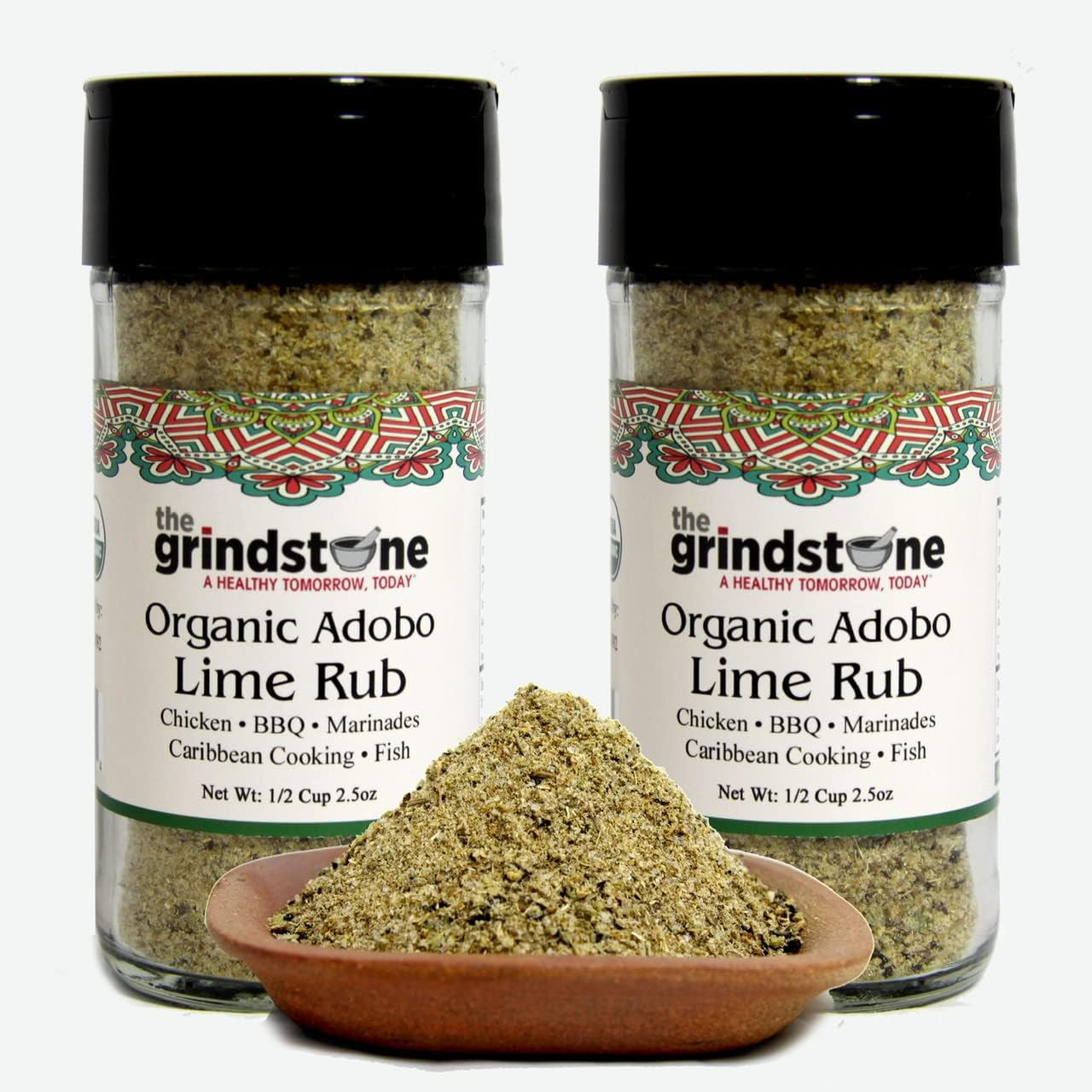 The Grindstone, Organic Adobo Lime Rub, 2.50 oz. Glass Bottle with Sifter, Pack of 2