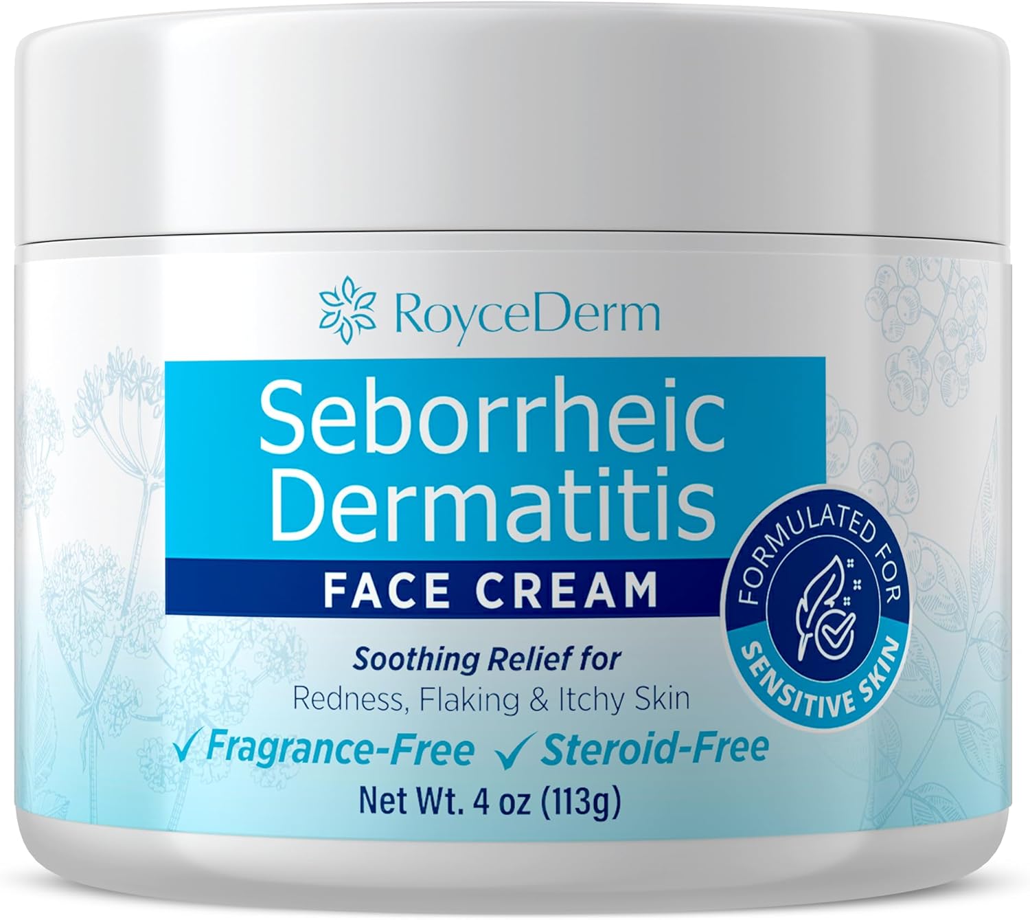 Roycederm Seborrheic Dermatitis & Psoriasis Face Cream – Steroid-Free Moisturizer for Redness, Flaking & Sensitive Skin – Face, Scalp & Body Daily Relief – Fragrance-Free, Non-Greasy, 4 oz