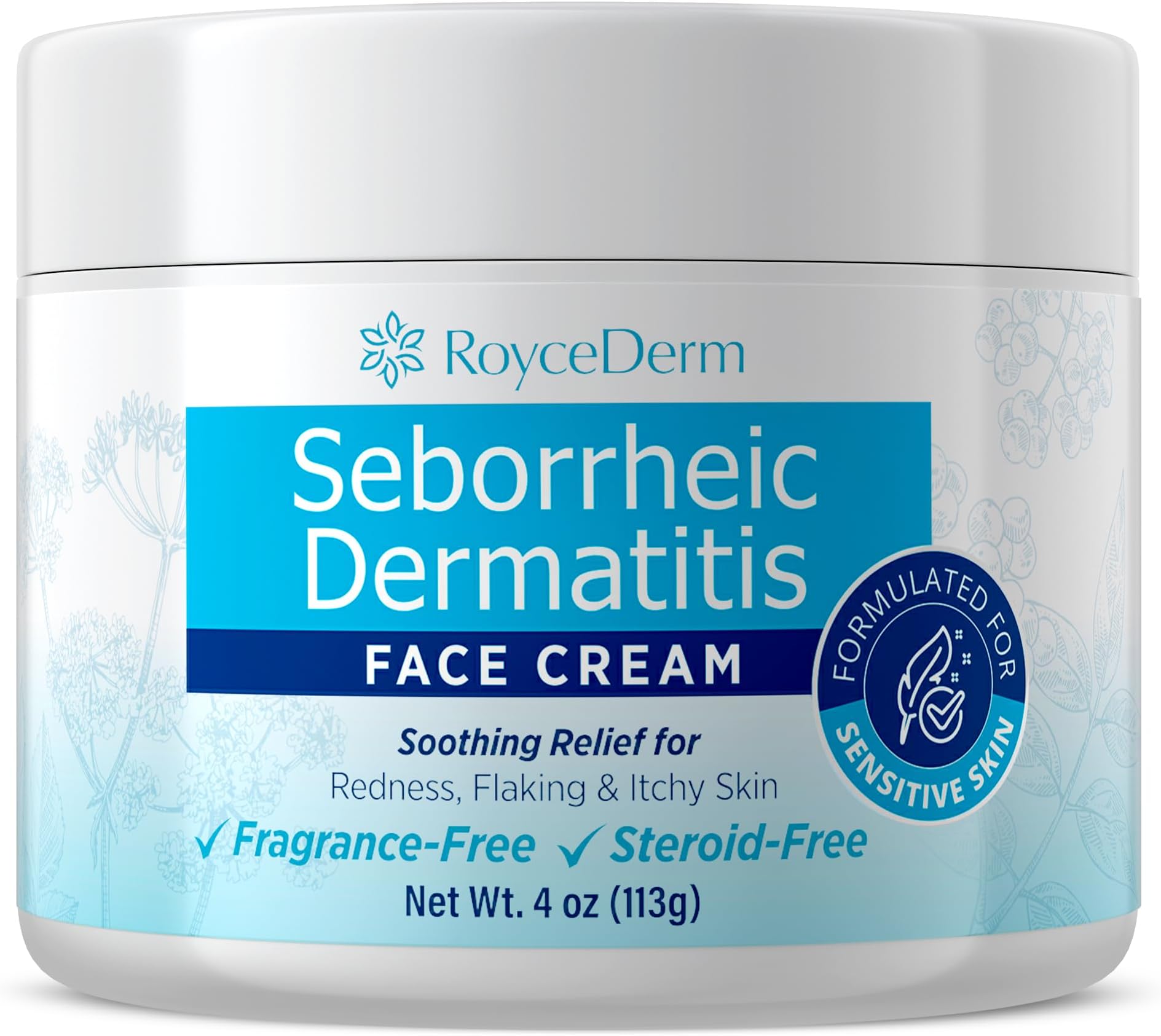 Roycederm Seborrheic Dermatitis & Psoriasis Face Cream – Steroid-Free Moisturizer for Redness, Flaking & Sensitive Skin – Face, Scalp & Body Daily Relief – Fragrance-Free, Non-Greasy, 4 oz