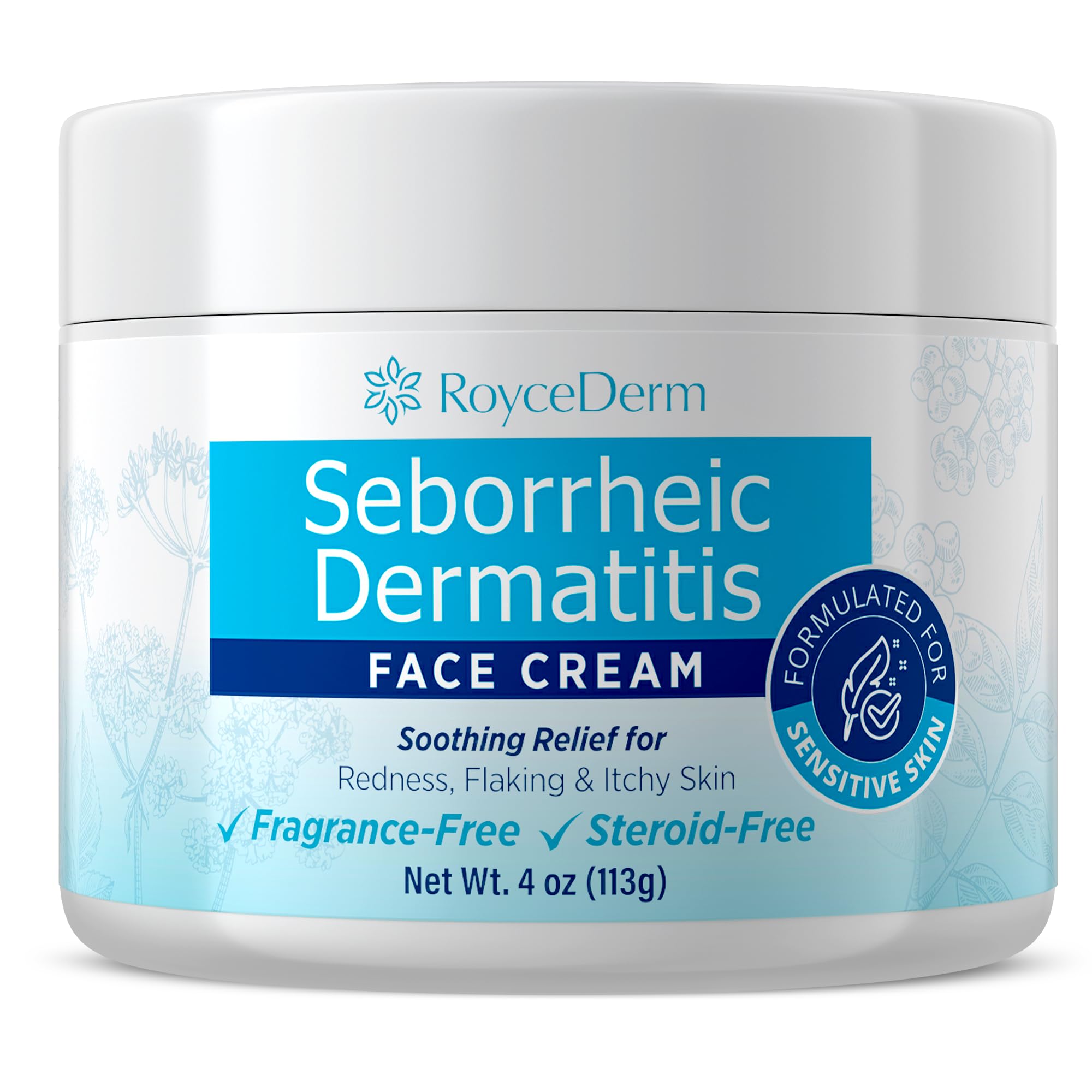 RoyceDerm Seborrheic Dermatitis Face Cream & Psoriasis Face Cream – Steroid-Free Moisturizer for Redness, Flaking & Sensitive Skin – Face, Scalp & Body Daily Relief – Fragrance-Free, Non-Greasy, 4 oz