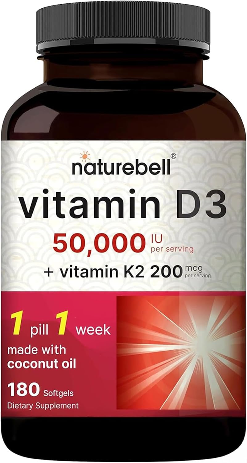 NatureBell Vitamin D3 50,000 IU with Vitamin K2-180 Softgels - High-Potency Bone & Immune Support* - Easy Absorption with Coconut Oil - Non-GMO & Gluten-Free