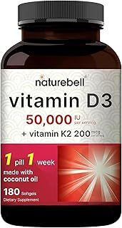 NatureBell Vitamin D3 50,000 iu with K2 200 mcg, 180 Coconut Oil Softgels | Vitamins D as Cholecalciferol & K as MK-7 | Max Strength Bone, Heart, Immune, & Calcium Support | Once Weekly, Non-GMO