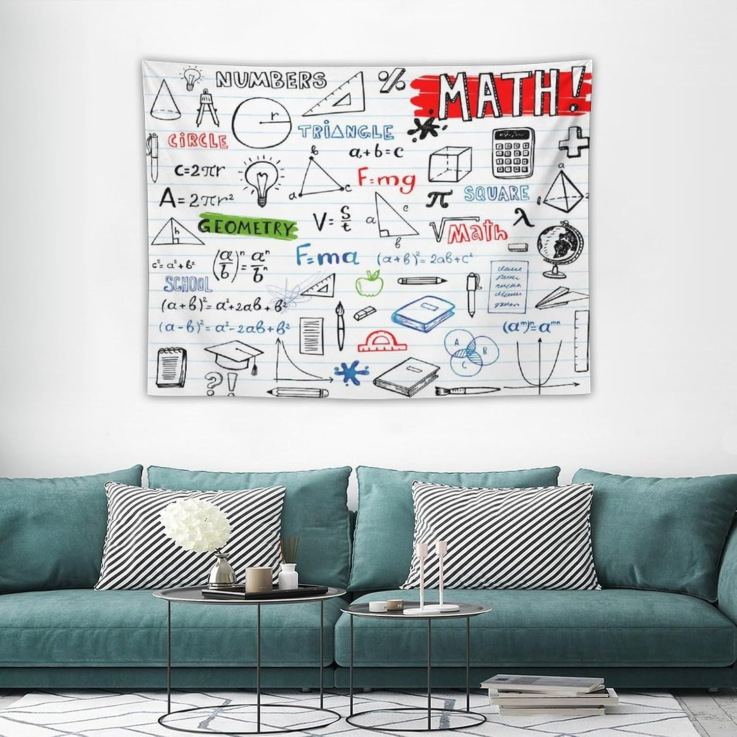DDCBNS Math Symbols Tapestry,Funny Equations Geometry Function Print Educational Tapestry Wall Hanging Home Décor for Study Classroom Bedroom Living Room Office 40" x 30" image 3