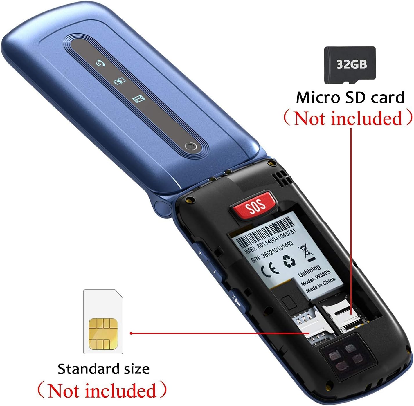 USHINING W380S Flip Phone SIM and Micro SD card slots