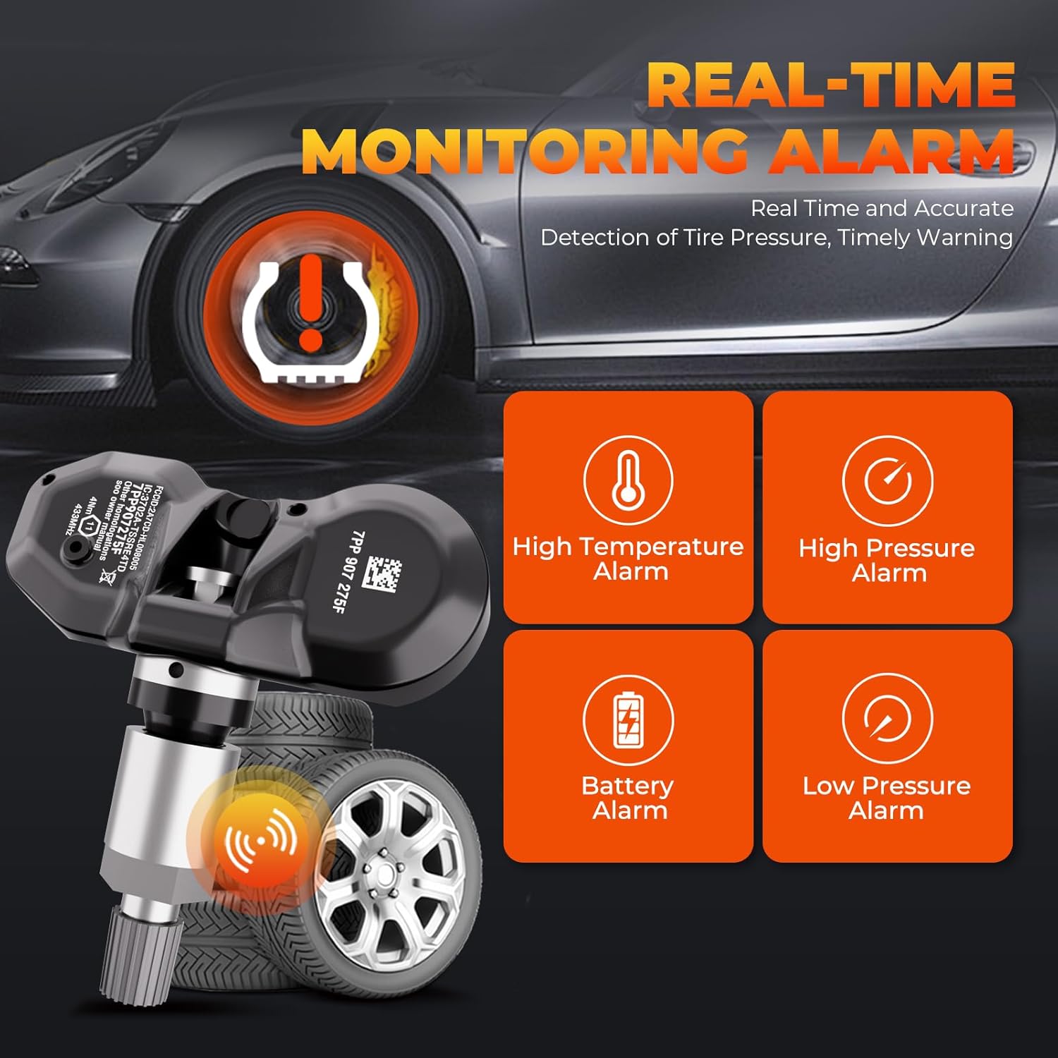 Jsueng 4-Pack Tire Pressure Monitoring System Sensors fit for Audi A6 Q7 R8, Aston Martin DB11 DB9 DBS DBX, Bentley Volkswagen Porsche Lamborghini 433MHz TPMS Sensor Replaces 4F0907275B 7PP907275F