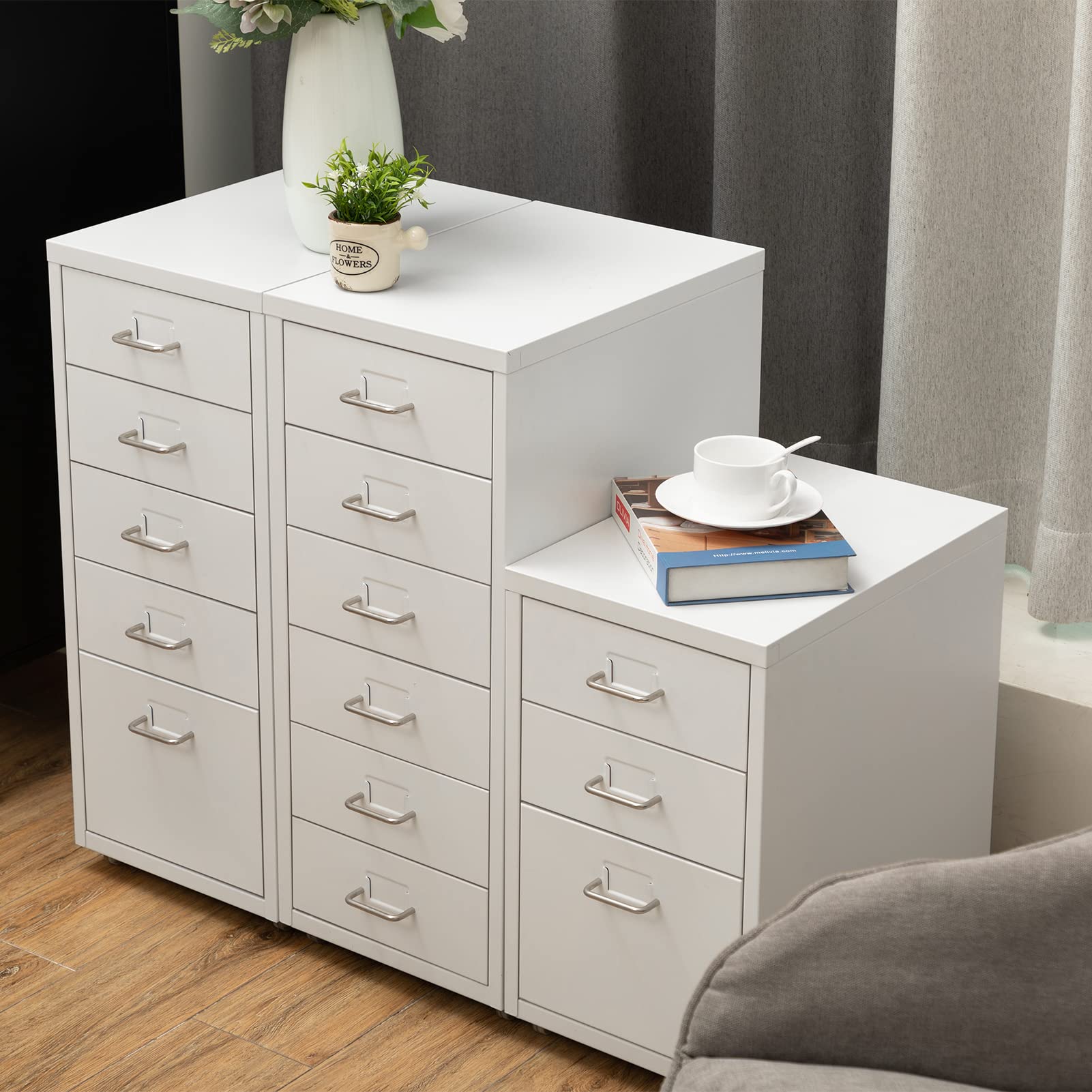 HollyHOME Caisson Métallique à 5 Tiroirs, Organisateur de Classement Roulant pour Bureau, Meuble de Rangement Moderne avec roulettes pour Maison et Bureau, Blanc