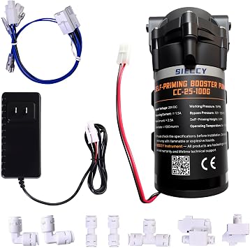 Self-Priming Booster Pump Kit for RO Reverse Osmosis Systems Up to 100 GPD, Includes 24V DC Pump, Low & High Pressure Switches, Quick-Connect Fittings, Works with Wells and Storage Tanks