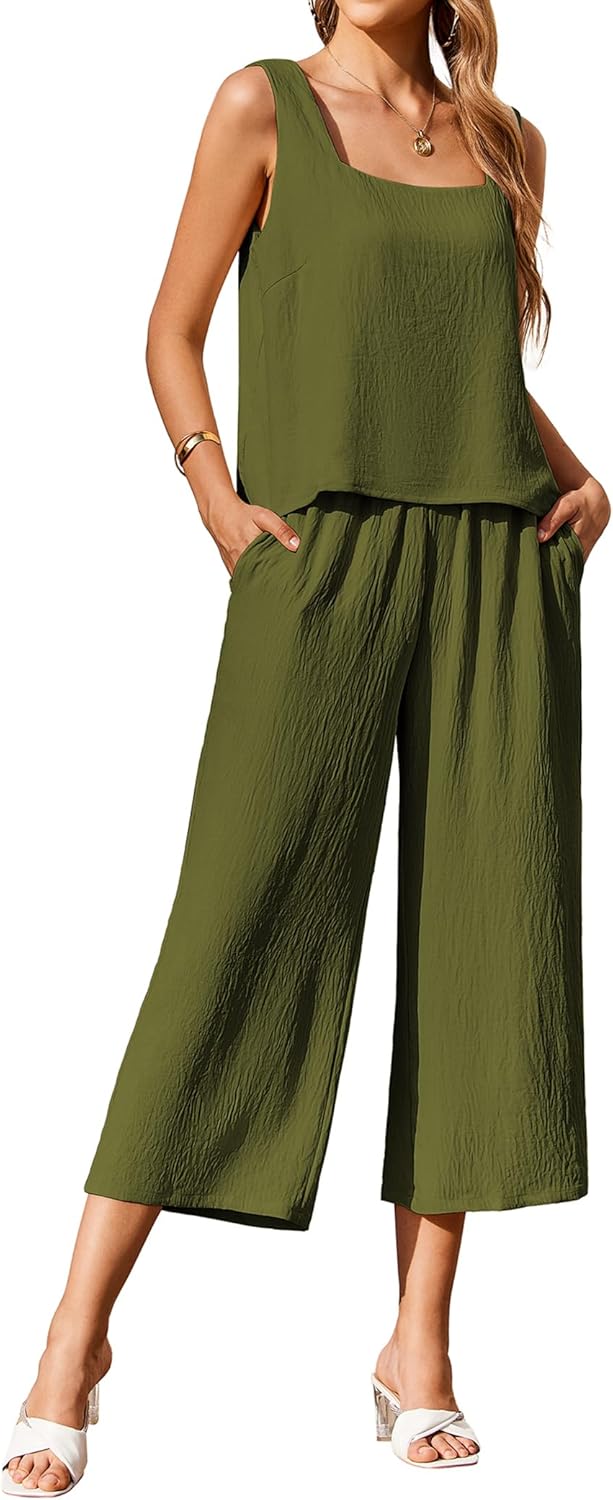 Ekouear Women's 2 Piece Outfits Sleeveless Top Capri Pants Matching Lounge Set Vacation Clothes