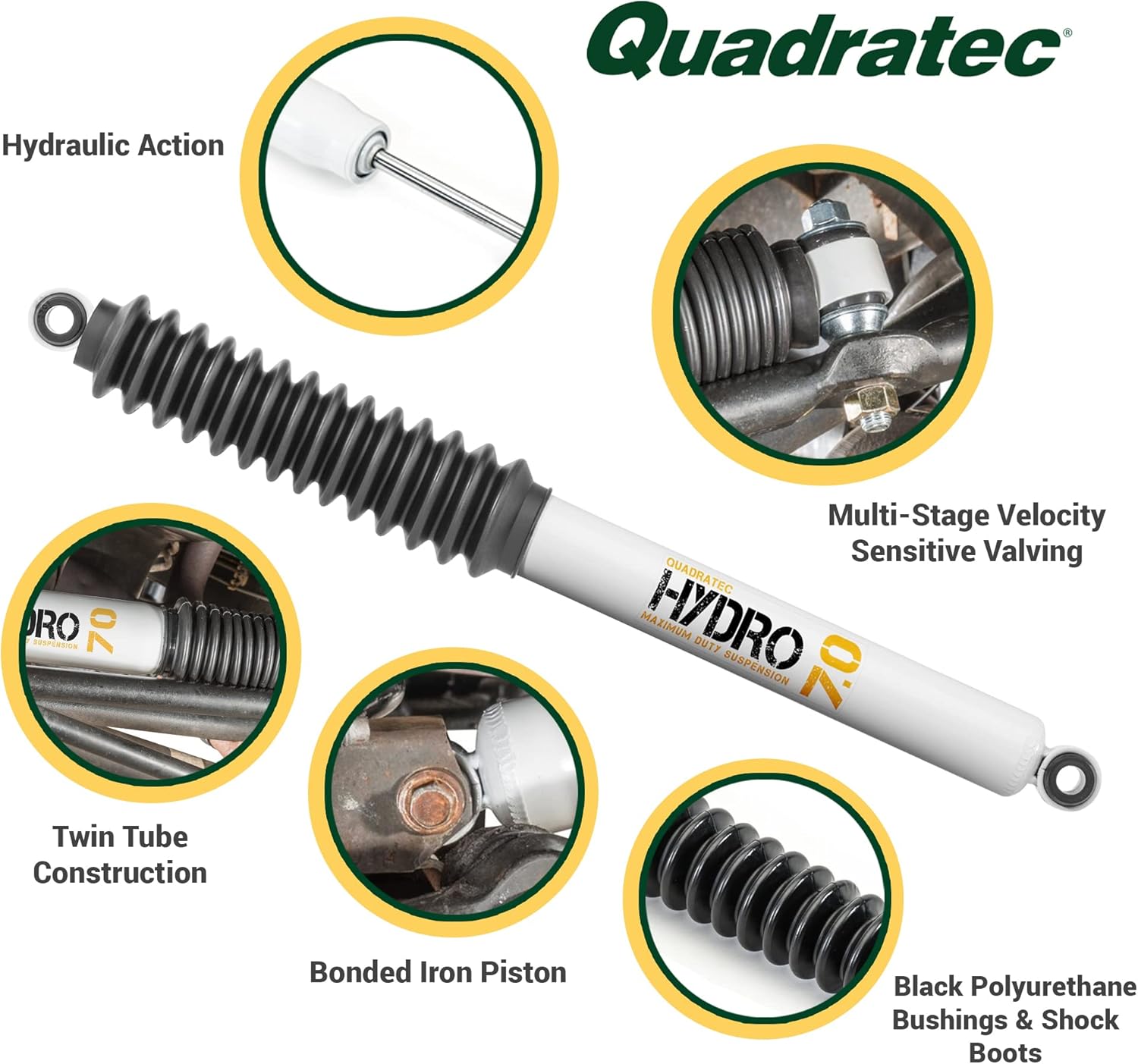 Quadratec Maximum Duty Hydro 7.0 Rear Shock Absorber - Fits Jeep CJ-5, CJ-7, CJ-8 Scrambler & Wrangler YJ 1955-1995 with 0" - 1" Lift - For Mild to Moderate Offroad Use - Twin-Tube Hydraulic Shock