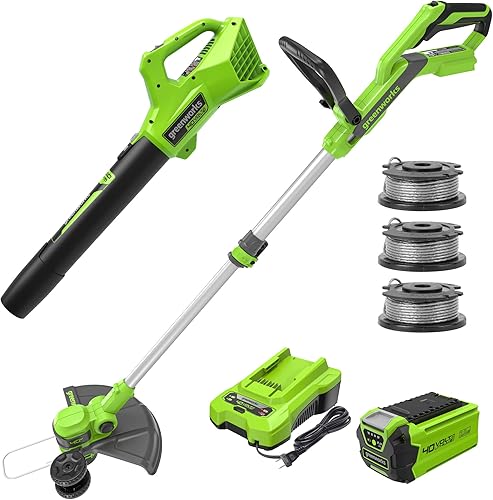 Greenworks Kit combinado de recortadora de cuerda inalámbrica de 40 V y 13 pulgadas + 3 carretes adicionales, batería de 2.0 Ah y cargador incluidos