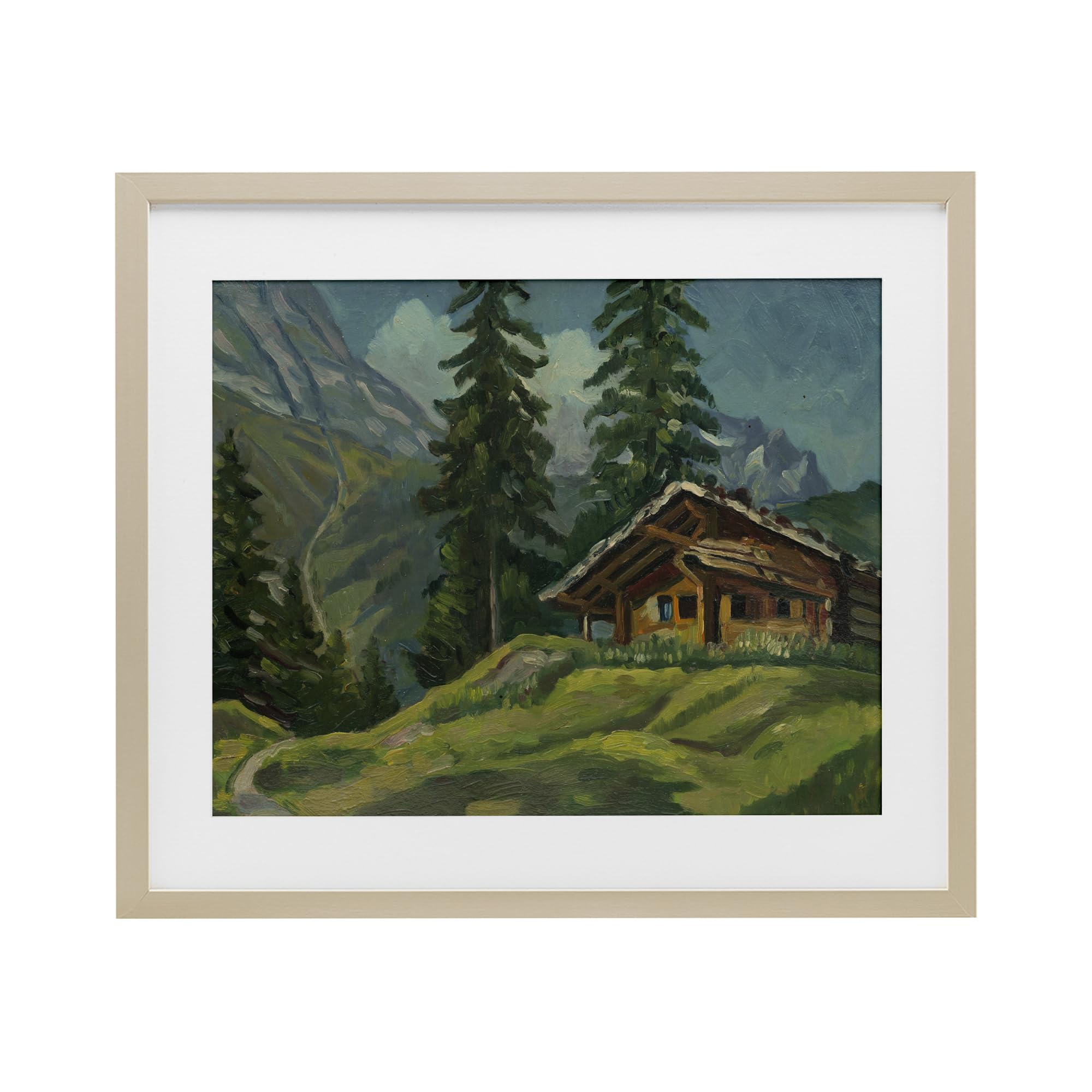 Cadre blanc sous verre Cabin At Base Of Mountain d'art premium