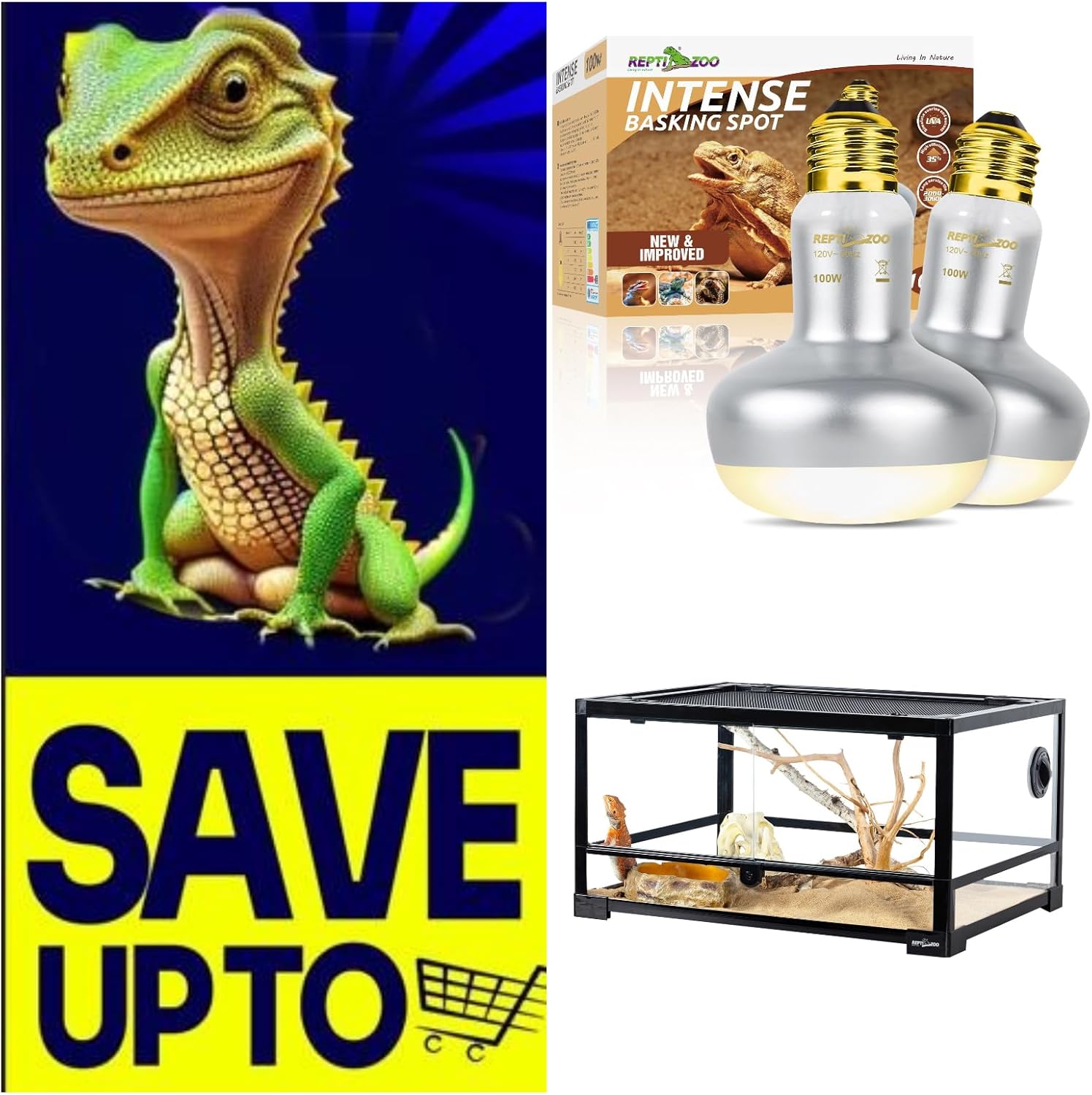 REPTI ZOO 2 Pack Heat Lamp 100W with 20 Gallon Reptile Tank