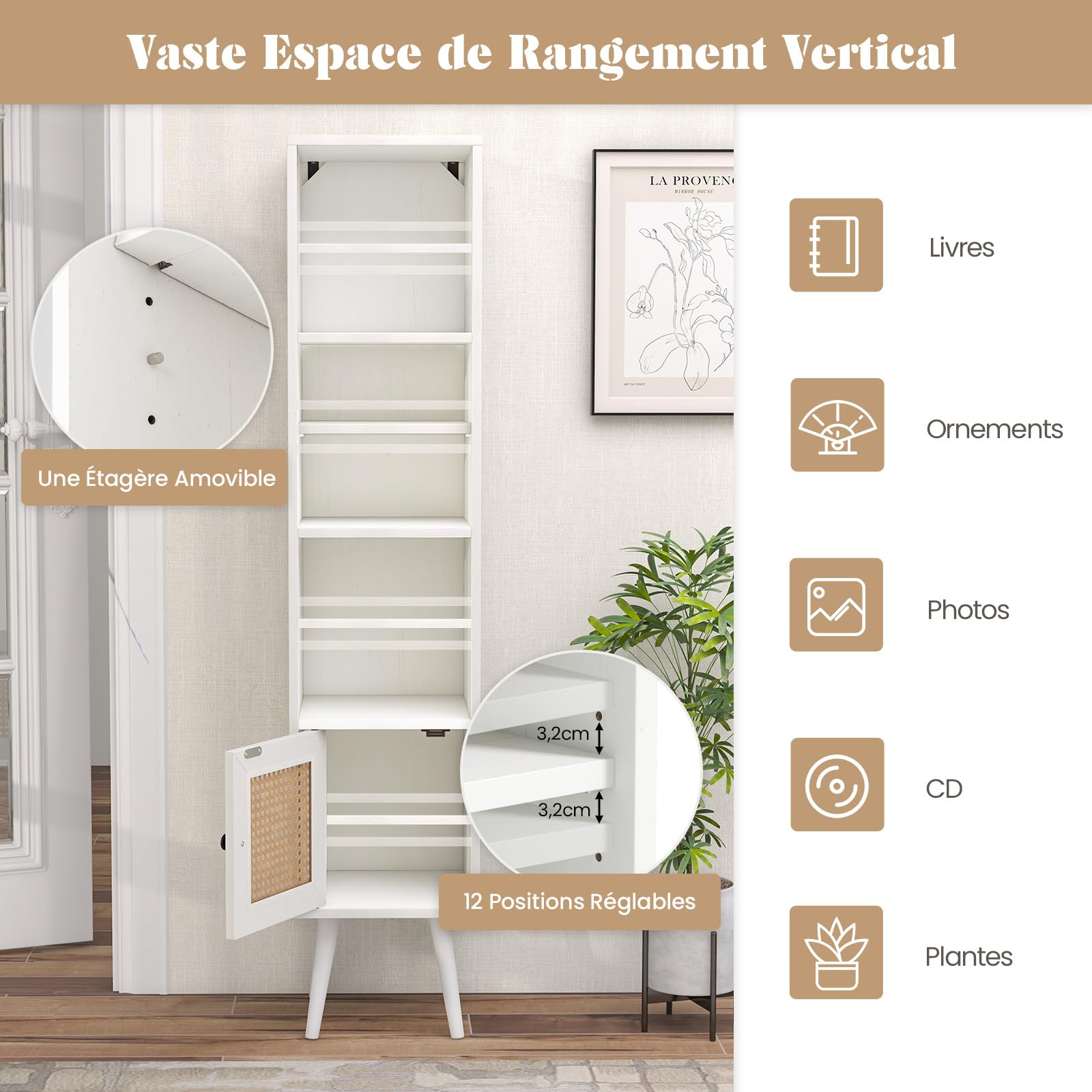 COSTWAY Meuble Colonne de Rangement avec Porte Rotin et Pieds en Bois Massif, Meuble de Salle de Bain Étagère Réglable, Style Bohème, pour Salon, Cuisine, Chambre, 29,5x29,5x137cm (Blanc)