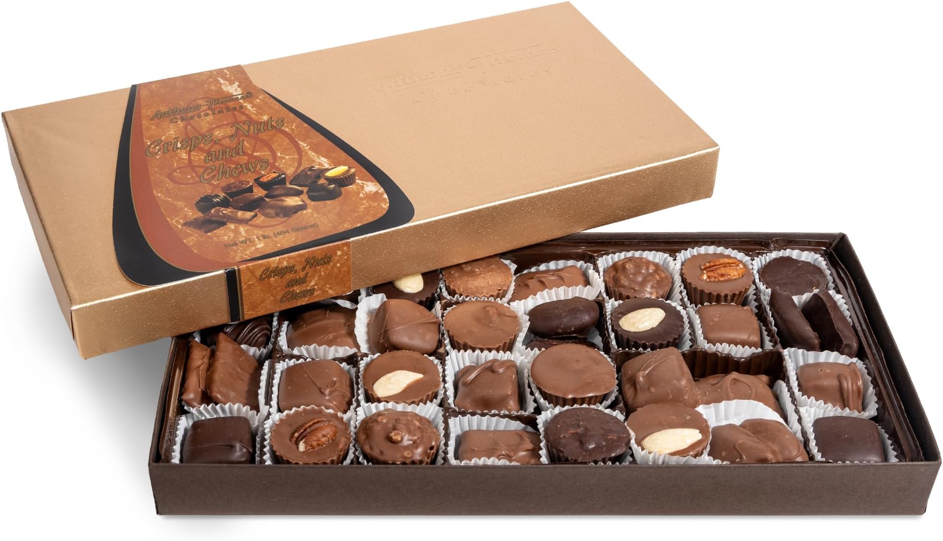 Anthony Thomas, Milk & Dark Chocolate Crisps Nuts and Chews, Milk and Dark Chocolate Assortment, Gift Box (32 Count, Milk and Dark Chocolate)