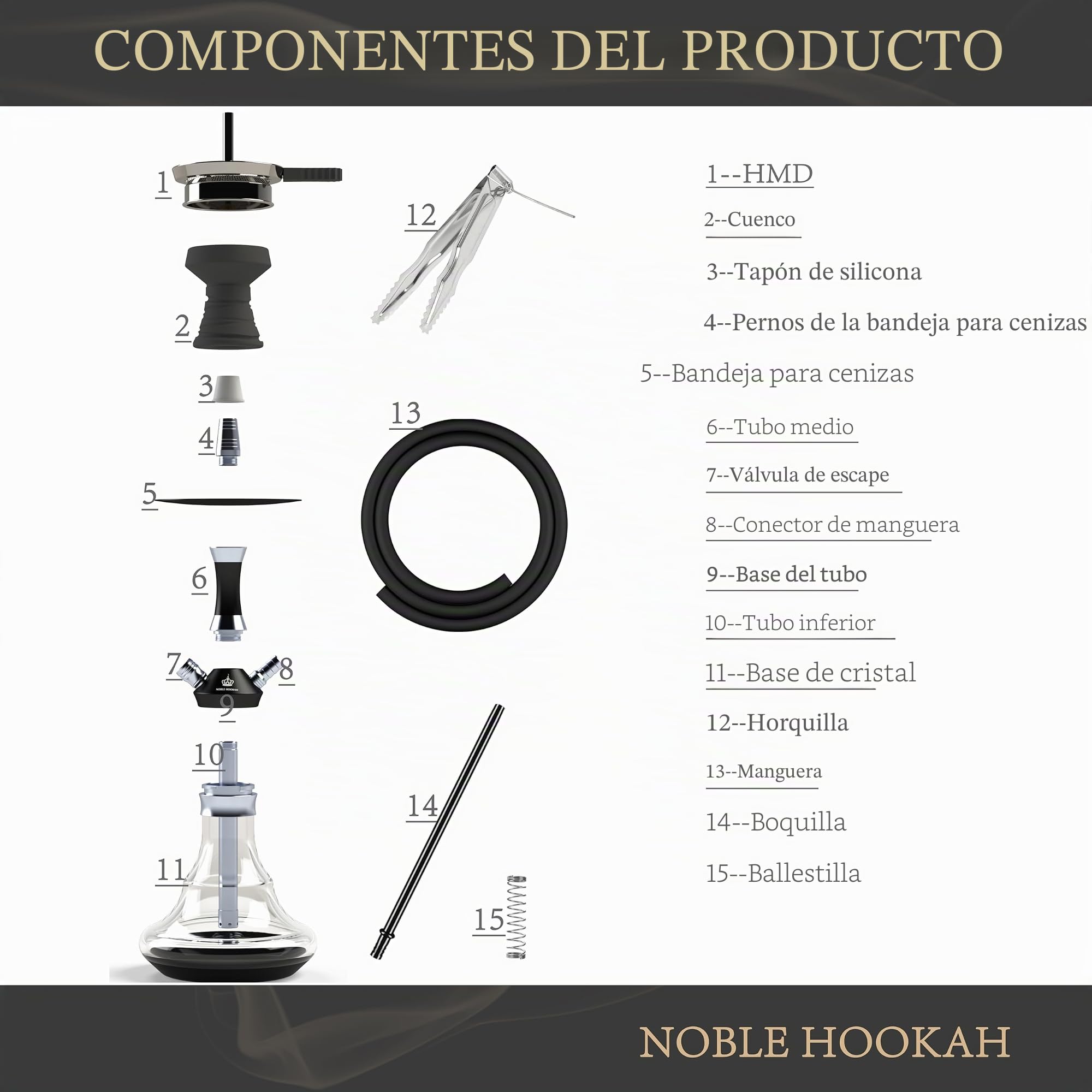 NOBLE HOOKAH Set de Cáñamo Pequeño de Viaje de 43 cm con Accesorios, Botella Soplada a Mano y Pipa de Acero Inoxidable, 1 Manguera y Asa