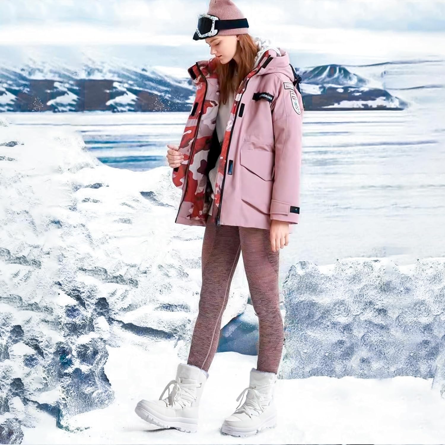 Rominz Women's Winter Snow Boots - Waterproof Black Fur Lined Warm Mid Calf Non-Slip Ankle Boots - White Lace-Up Platform - Image 6