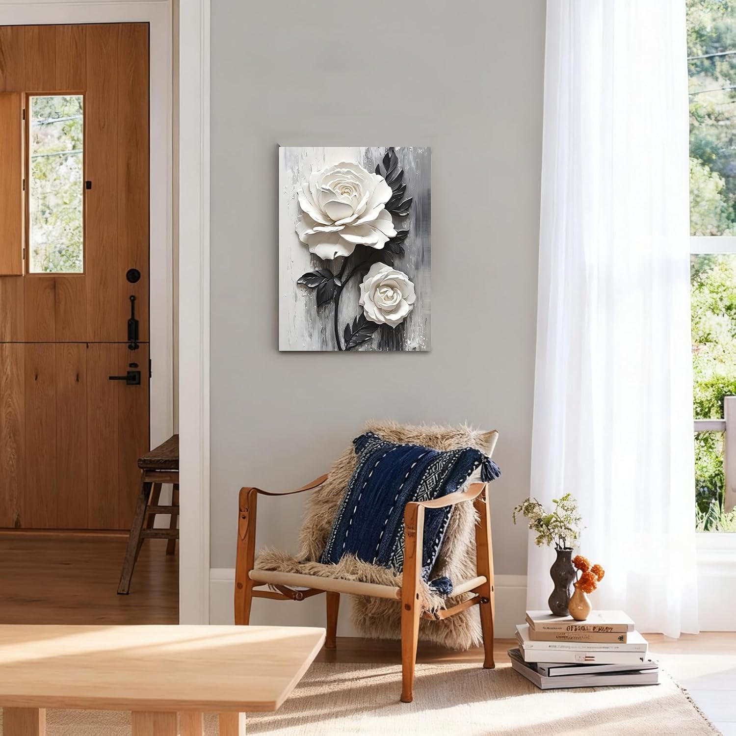 Framed Wall Art Canvas Wall Art White Rose Floral Framed Canvas Wall Single Piece Sculpture Wall Decor for Living Room Bedroom Office Modern Home Art Elegant Floral Art 12x16 Inch