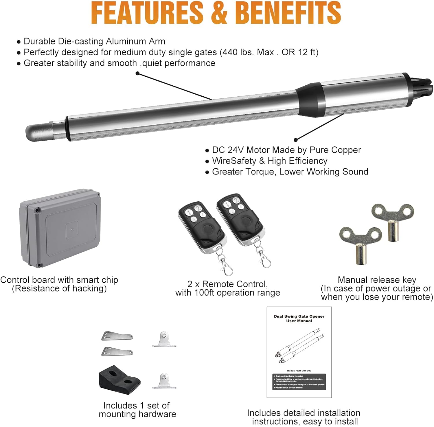 JUJIANG C01 Automatic Gate Opener with Remote Complete Kit for Swing Gate Up to 440lb 12FT per Arm, Electric Gate Openers Light Duty Dual Swing Gate Openers Automatic Gate Motor 40W AC Powered