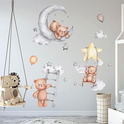 Miniatura 4 de Calcomanías de pared con diseño de oso de dibujos animados, diseño de oso de luna para dormir, despegar y pegar, papel tapiz mural extraíble para