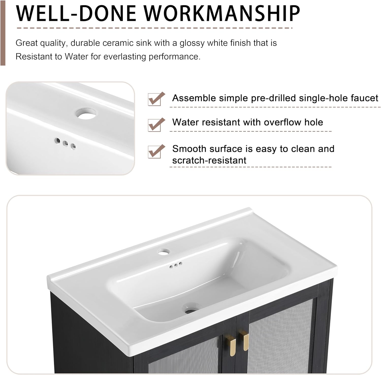 32" Bathroom Vanity with Sink Floor Stand Undermount Bathroom Sink Cabinet with Storage and Translucent Doors Modern Black Gold Vanities for Home Bath