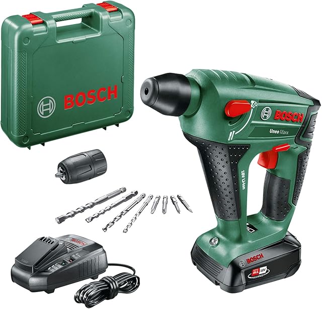 Bosch Akumulatorowa wiertarka udarowa Uneo Maxx (1 akumulator, system 18 V, maks. średnica wiercenia w betonie 10 mm, w walizce)