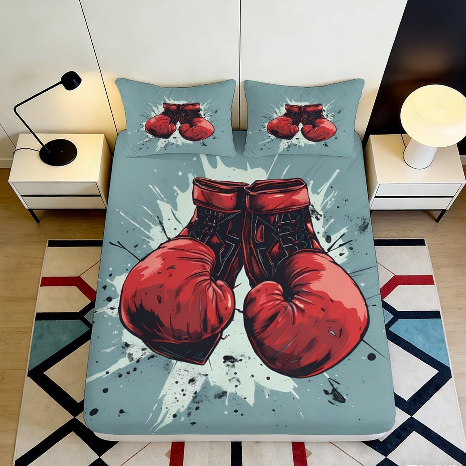 3D Printed Boxing Gloves Fitted Sheet Microfiber Deep Pocket Non-Slip Boxing Mattress Fitted Cover for Bedroom 140x200x25cm