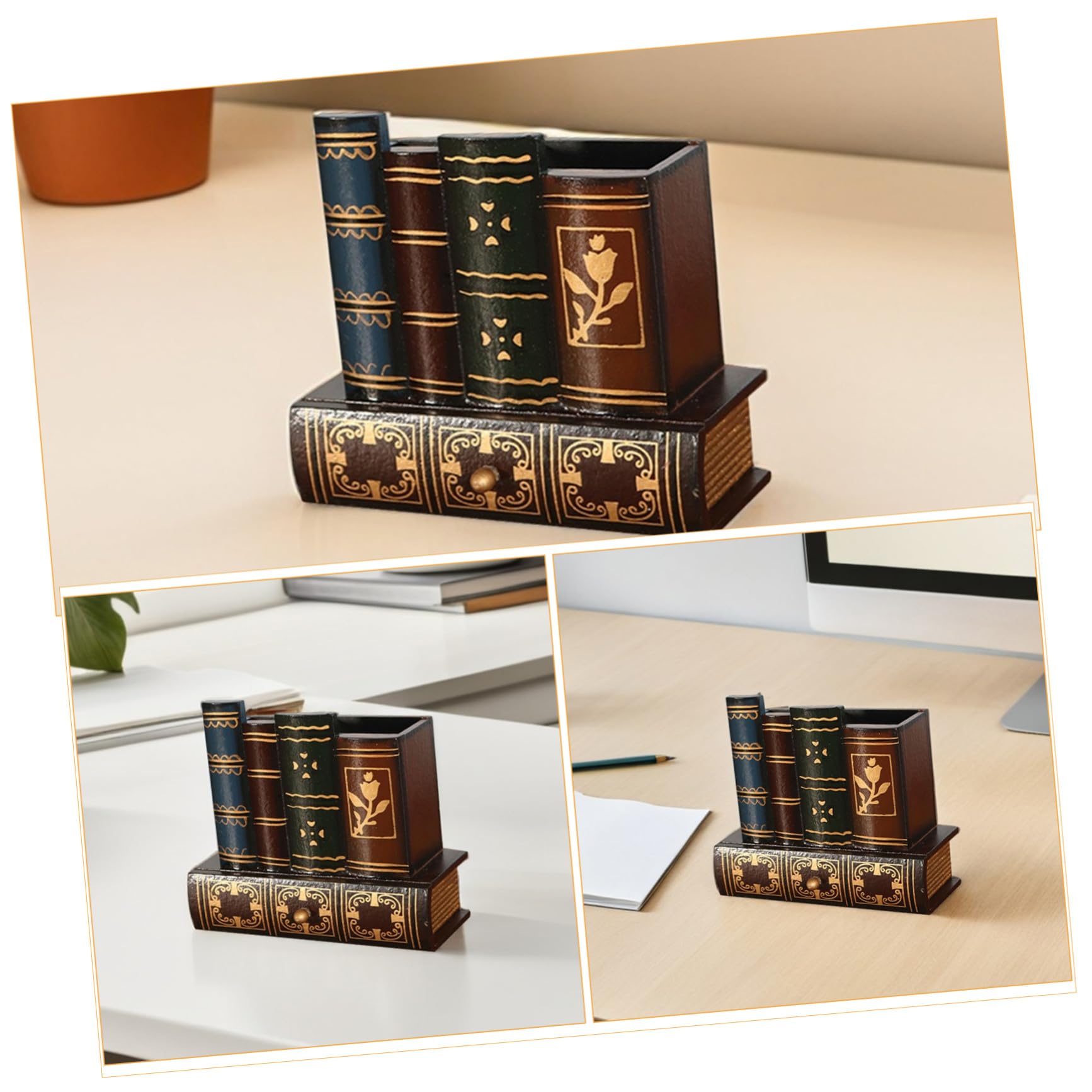 WOONEKY Portalápices Estilo Libro Retro con Cajón, Madera, 2 Piezas