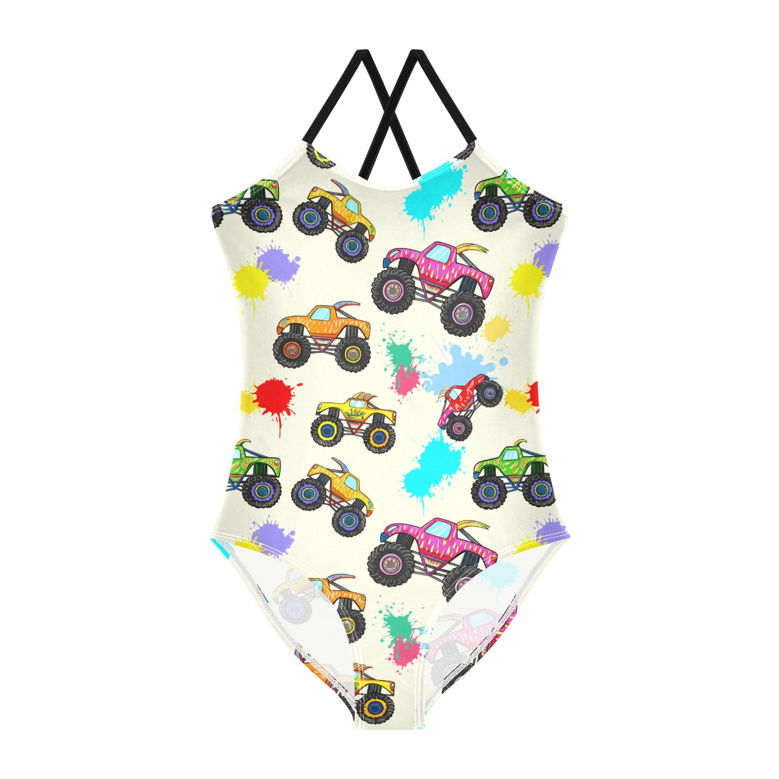 CHIFIGNO Colorful Monster Trucks Girls' Swimwear, Swimsuit for Girls One Piece Sport Summer Beach Swimwear for 4 Years Old