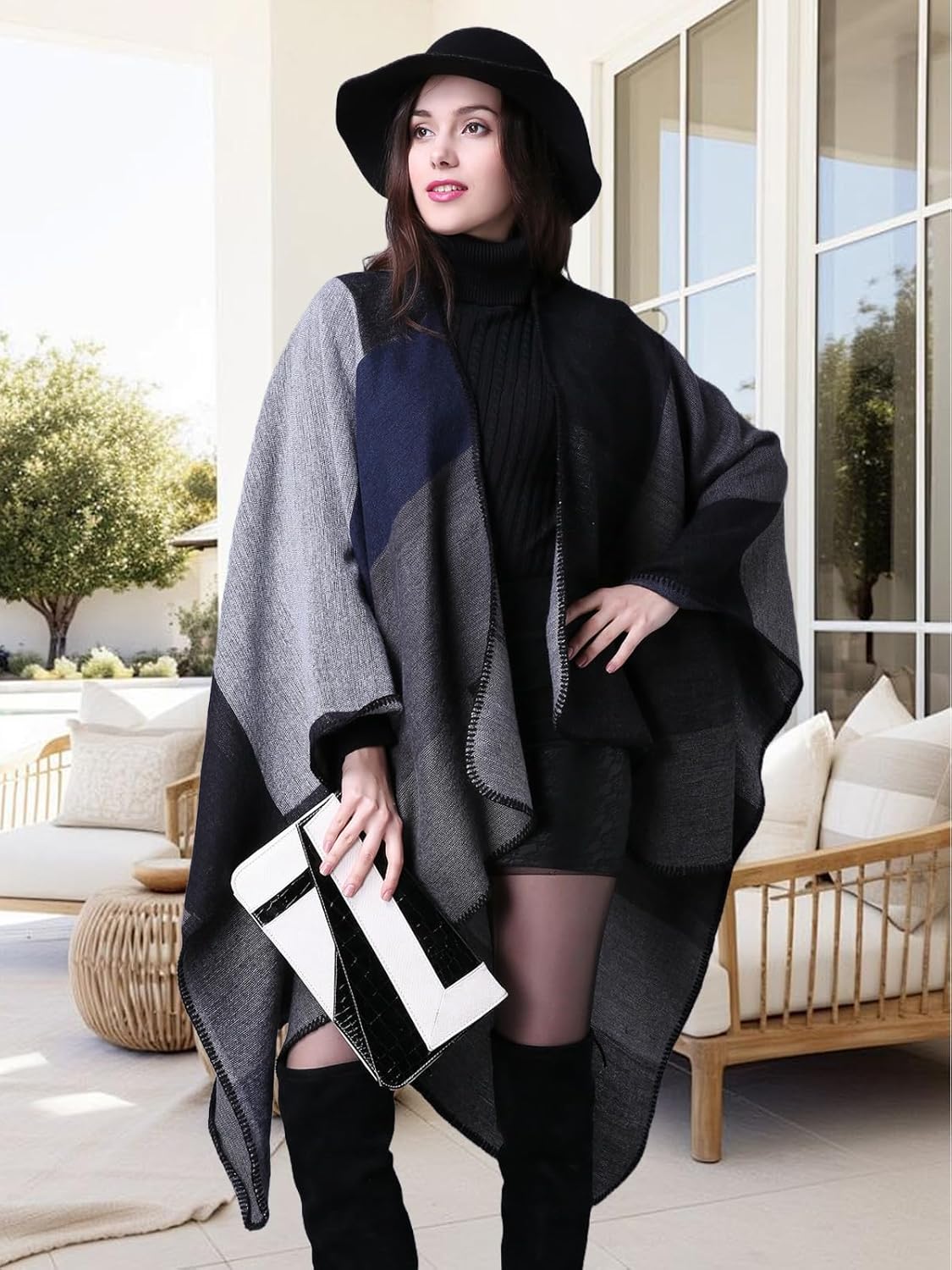 KirGiabo Women's Plaid Sweater Poncho Cape Coat Open Front Blanket Shawls and Wraps - Image 4