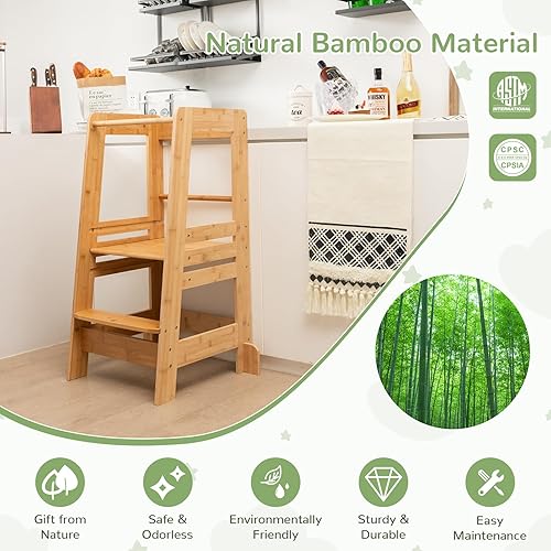 Miniatura 8 de Costzon Torre para niños pequeños, taburete de cocina ajustable para niños con riel de seguridad, torre de pie de bambú para niños, taburete de
