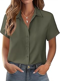 Blusas Mujer Verano Manga Corta Elegante Cuello en V Camisas con Botones Casuales Algodón Suelta Blusa Básicas Color Sólido Tops S-XXL