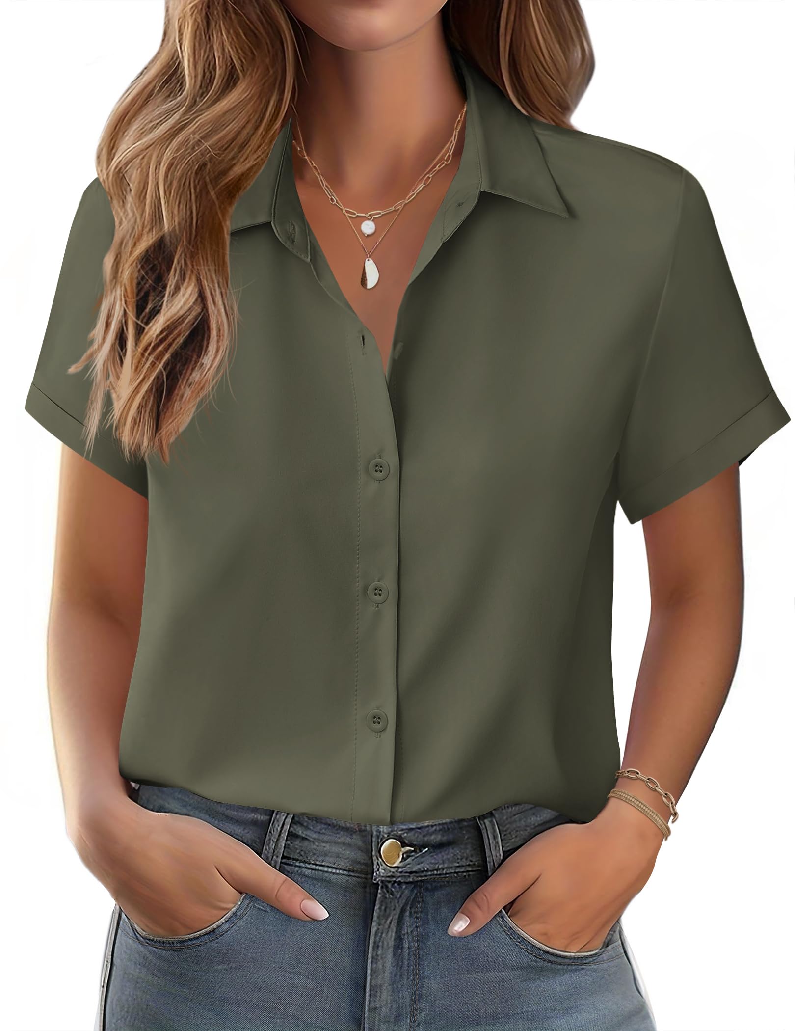 ZEAGOO Damen Bluse Kurzarm Hemden Elegant V-Ausschnitt Hemdbluse Button Down Blusen Tops Lässiges Tunika Shirt S-XXL