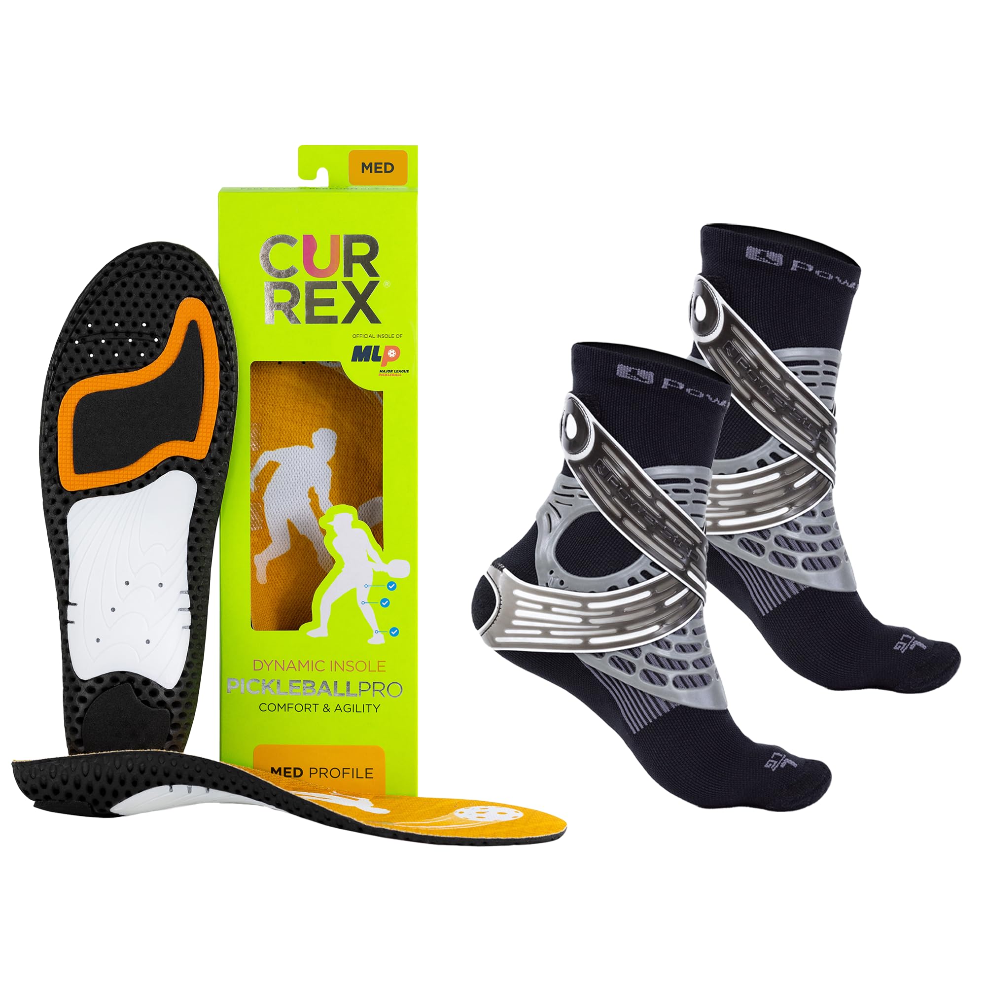 Pickleball Support Bundle – CURREX PickleballPro Insoles (Medium Insole, Medium Arch) + PowerStep DASS Ankle Brace Socks (Medium) – Pain Relief, Plantar Fasciitis & Sprains – Men & Women