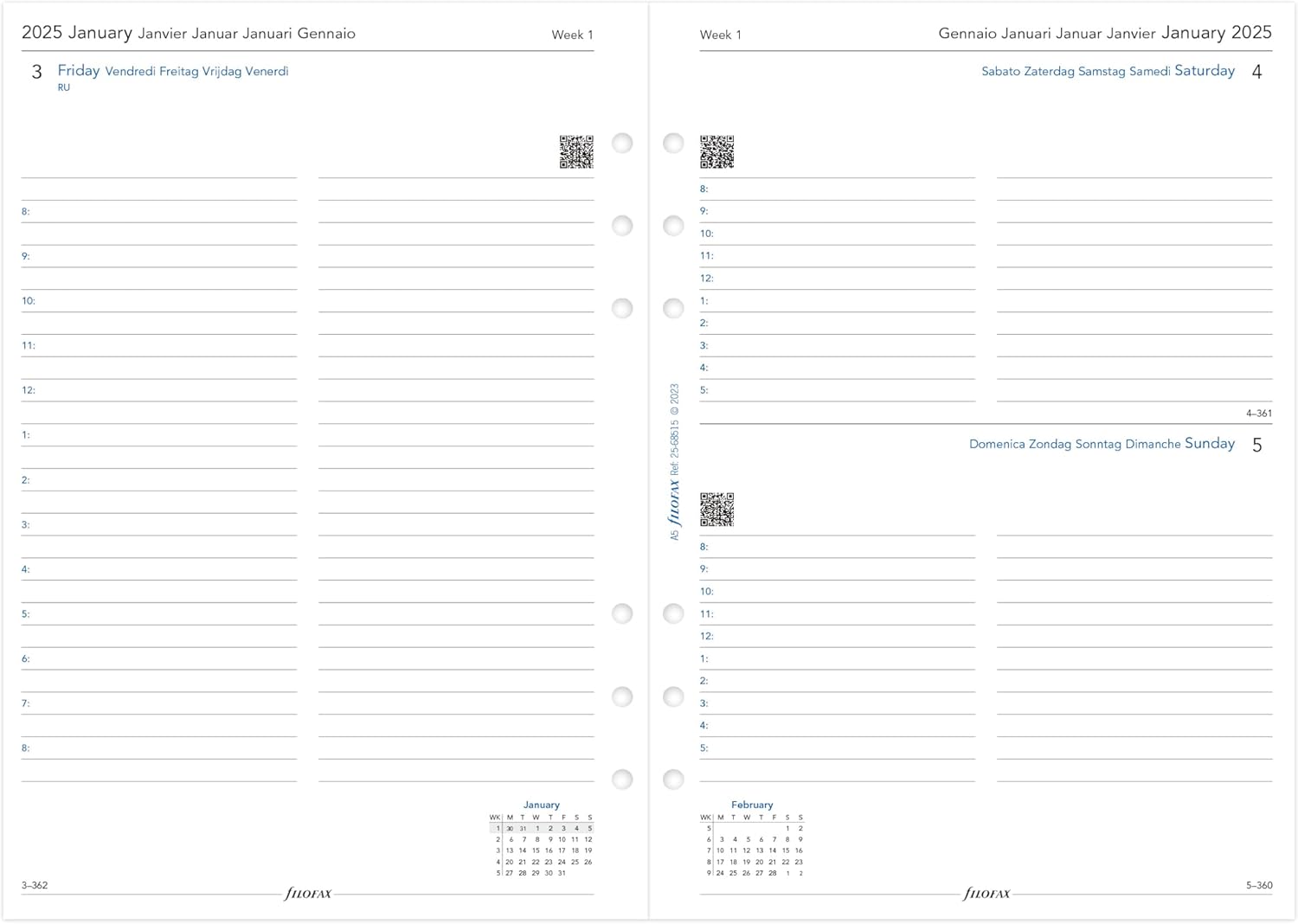 Filofax Calendar Diary Refill, A5 Size, Day on One Page with Appointments, White Paper, Multilingual: Five Languages, 2025 (C68515-25)