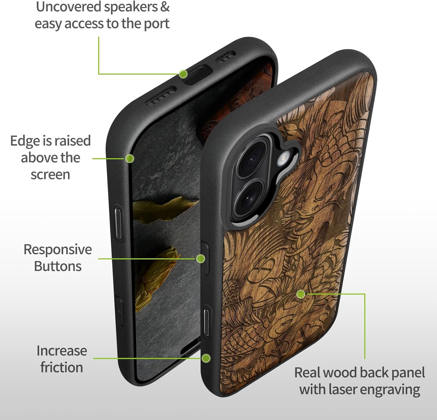 Carveit Magnetic Wooden Case for iPhone 17 Case, Wood Artisan Engraved & Black Soft TPU Shockproof Cover, Compatible with MagSafe Wireless Chargers (Flowing Harmony) Walnut