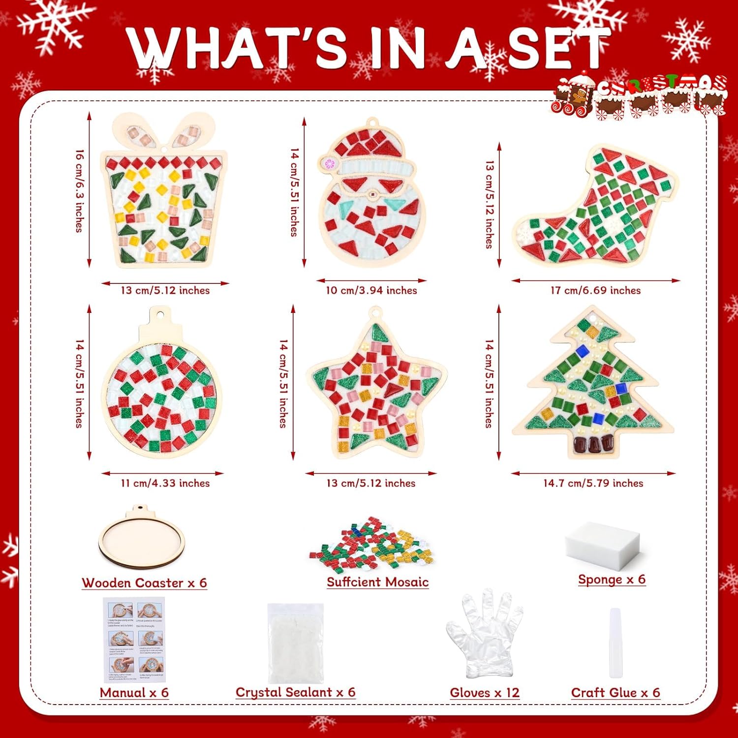 6 Set Christmas DIY Mosaic Tiles Crafts Kits for Adults Xmas Wooden Coasters with Hole Mixed Color Glass Mosaic Christmas Ornaments Crafts Kits for Holiday Indoor Home Decor Handmade Art Gifts
