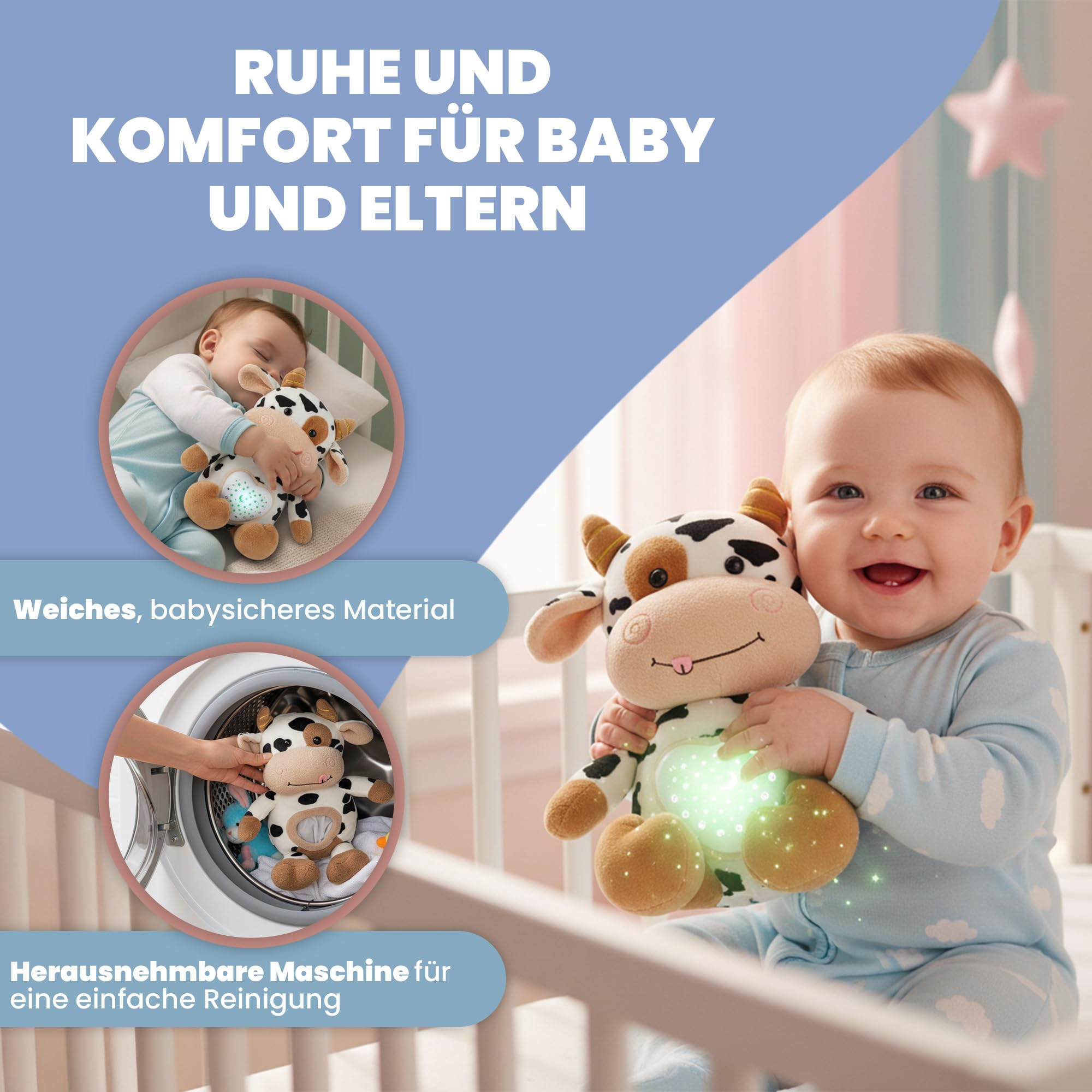 Kuschelspielzeug Kuh mit weißem Rauschen Maschine Baby & Baby Nachtlicht - USB Wiederaufladbar, Auto Timer 20/40/60 Min, Waschbar - Ideal als Spieluhr Baby Jungen und Einschlafhilfe für Babys