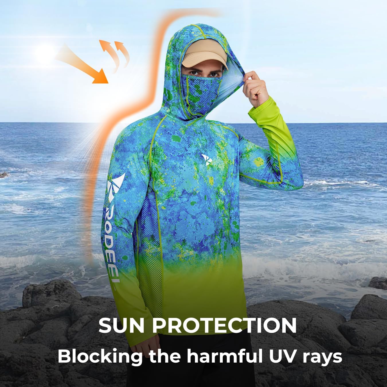 Rodeel UPF 50+ Men’s Long Sleeve Performance Fishing Hiking Shirt with Mask UV Neck Gaiter Hoodie