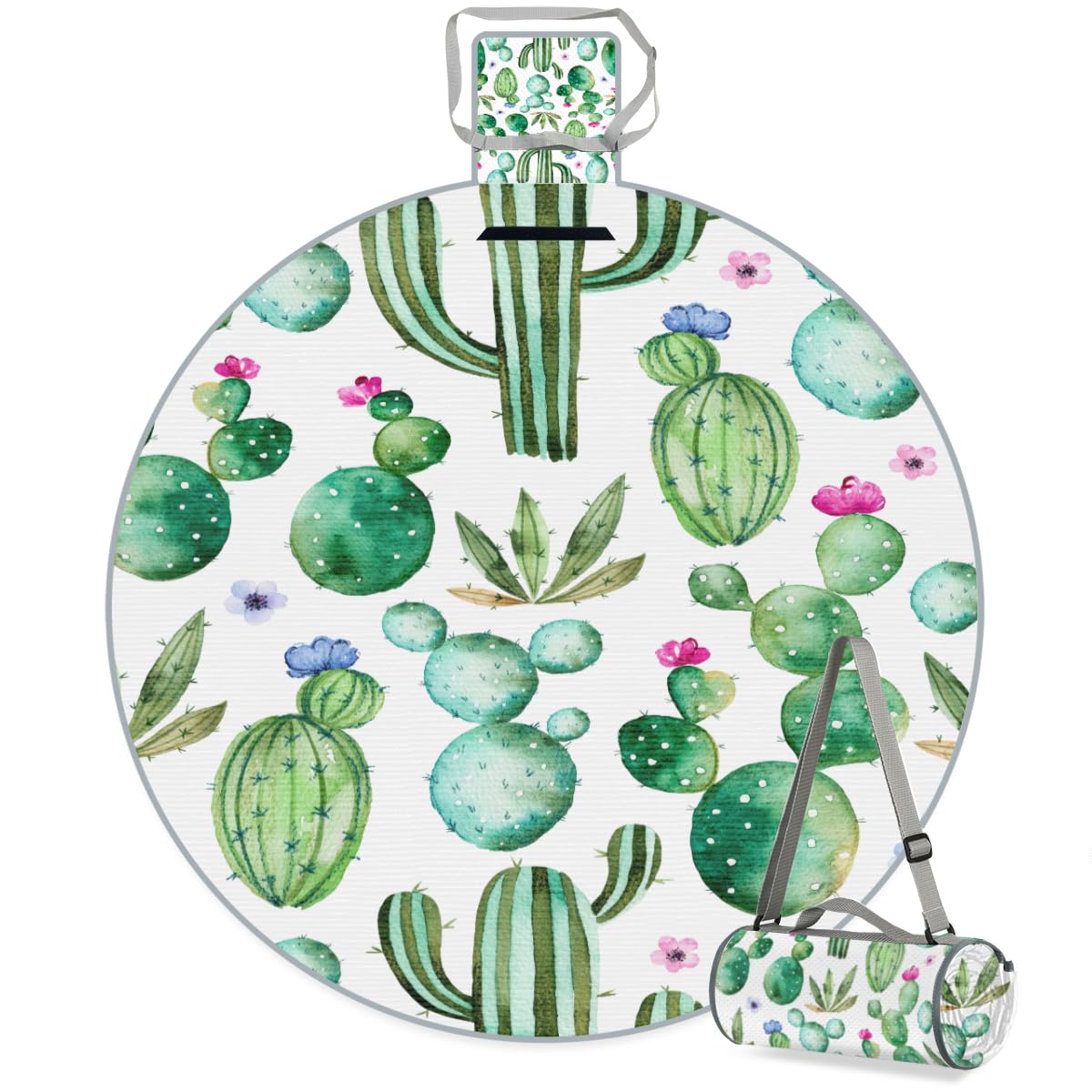 Shimoshe Watercolor Cactus Picnic Outdoor Blanket Foldable Waterproof Sandproof Beach Blanket Portable Water-Resistant Round Picnic Mat for Travel Camping Park Lawn