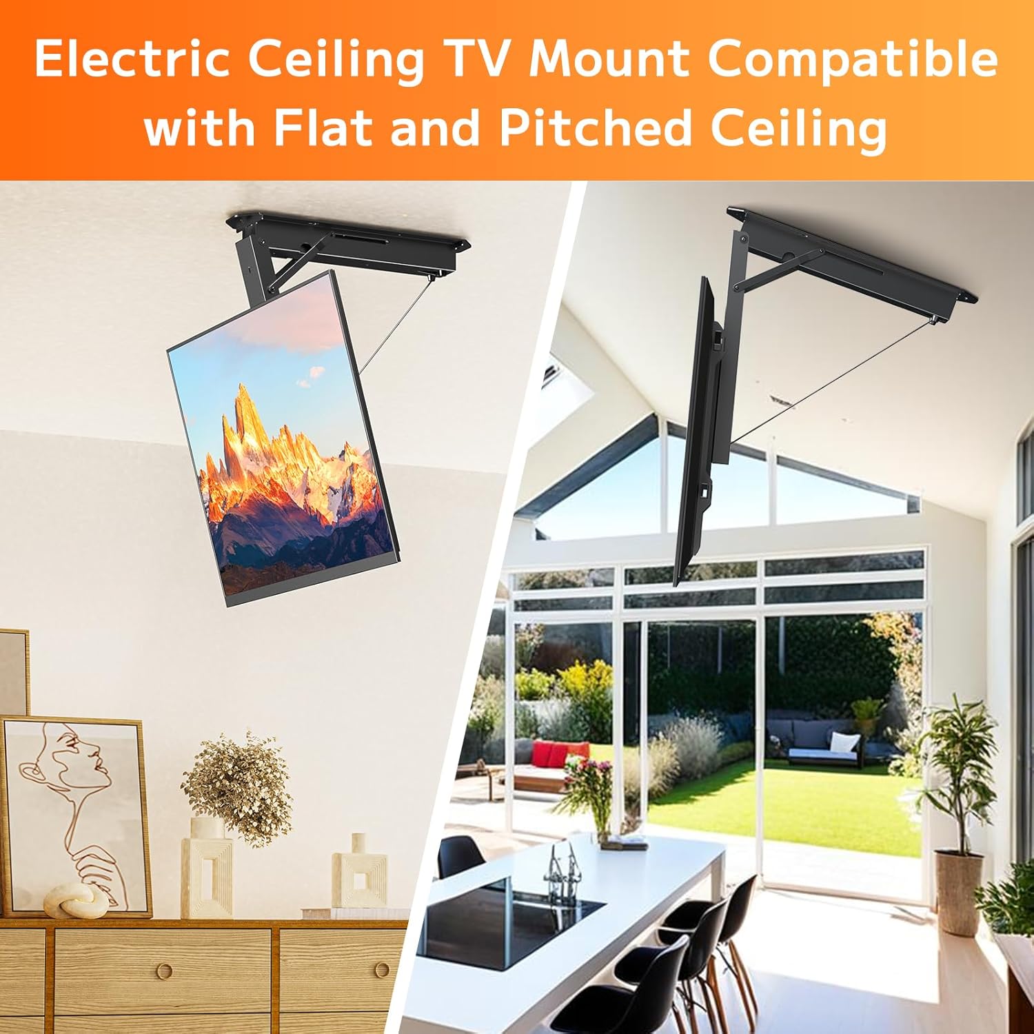 Electric Ceiling TV Mount, Remote Adjustable Flip Down Bracket for 32 to 70 Inch Flat Curved Screen TVs Max VESA 600x400mm, Motorized TV Ceiling Mount for Flat Pitched Roof Indoor Outdoor