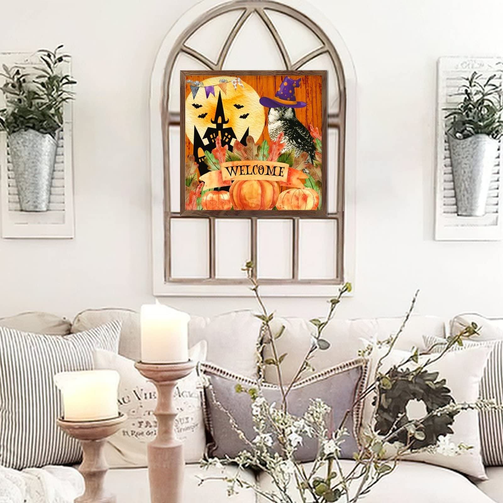 Witamy Halloween Dynia Sowa Czarownica Kapelusz Hunted House Drewna Oprawiony Znak Vintage Halloween Drewniane Tablice Styl Farmy Spersonalizowane Drewniane Znaki Drewniane Dekoracje Ścienne 12x12in